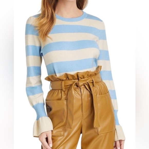 Who What Wear Bell Sleeve Blue and Cream Striped  Pullover Sweater Size XXL - Picture 2 of 7